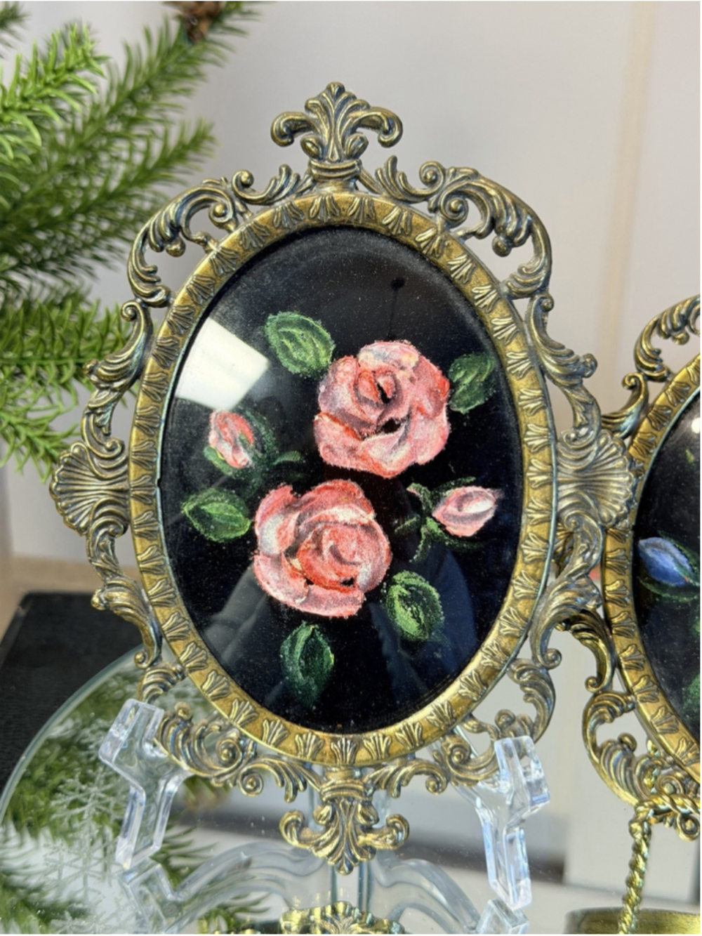 Vntg Small Original Oil Painting Floral Pink Roses Ornate Oval Italy 6.75”